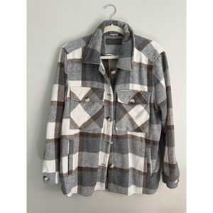 Blank NYC Plaid Shacket Easy Does It Women's Neutral Grey, Cream & Brown Large